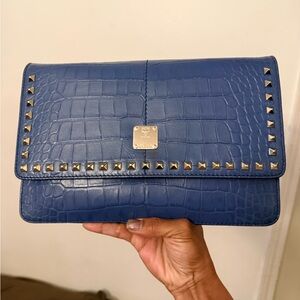 MCM Blue Croc-Embossed Studded Leather Clutch crossbody
